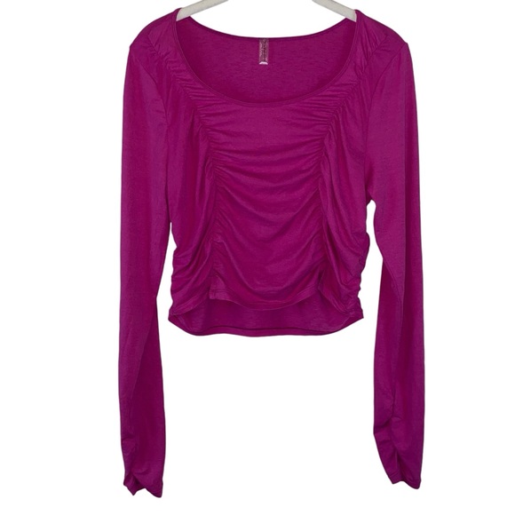 FP Movement by Free People Tops - Free People Movement Fuchsia Crop Top Long Sleeve Ruched Scoop Neck Large